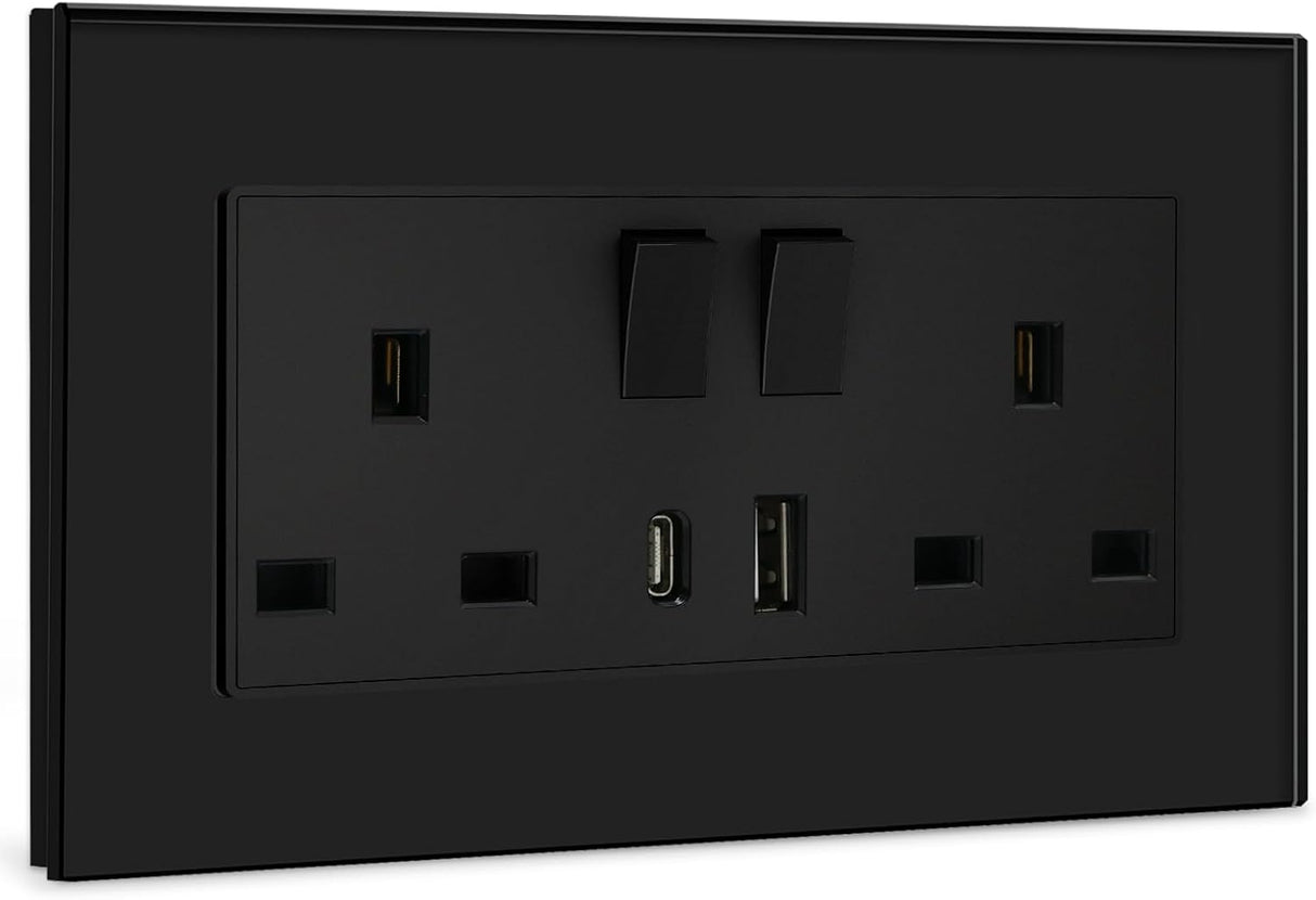BSEED Double Switched Wall Socket 2 Gang Black with USB C & USB A Charging Ports, 13A Wall Electric Power Socket with Glass Panel