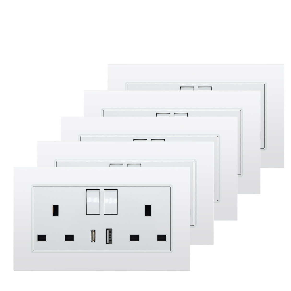 BSEED Double Switched Wall Socket 2 Gang Black with USB C & USB A Charging Ports, 13A Wall Electric Power Socket with Glass Panel