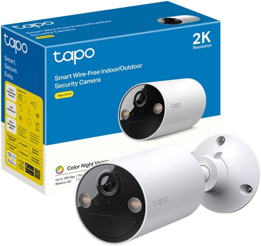 Tapo C410 Outdoor/Indoor Battery Wi-Fi Camera, 2K 3MP, 6400mAh, AI Person Detection, Color Night Vision, No Hub Required, Solar Panel Compatible
