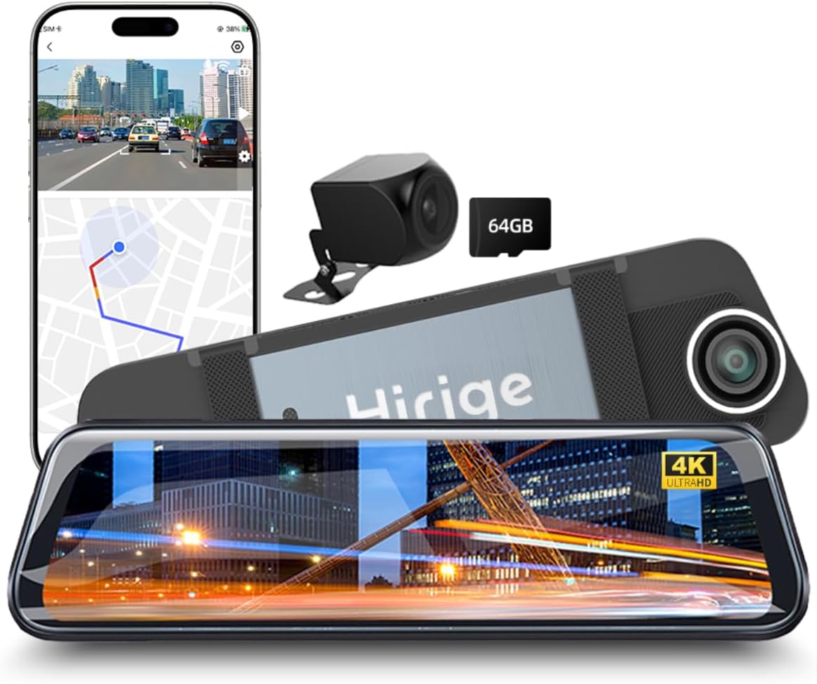 T10 9.66" 4K Mirror Dash Cam with Dual Front and Rear Cameras, Touchscreen Display, WiFi APP & Voice Control, Reverse Assist, GPS Tracking, Loop Recording, Free 64GB Card Included