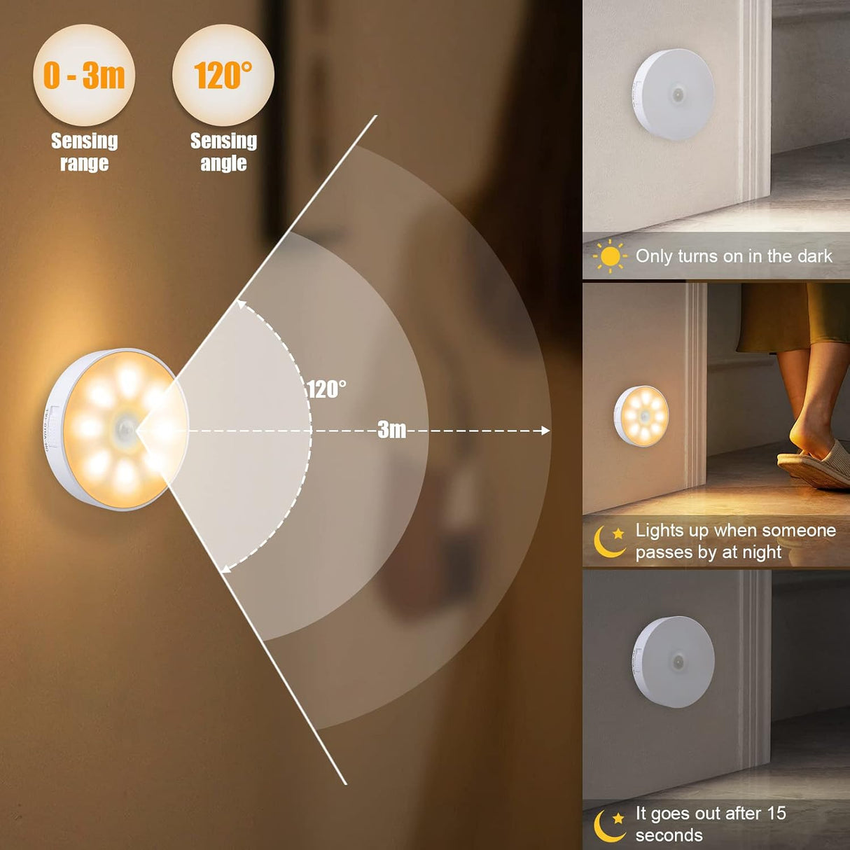 8 LEDs Rechargeable Motion Sensor Light, Cordless LED Night Light with USB Cables and Magnetic Patch, Wireless Wall Lamp for Stair