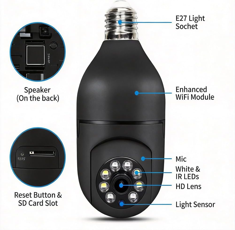2 Pack Bulb WiFi Camera, Wireless Panoramic HD Indoor Camera, Socket Mount Security Cam, TF Card Not Included, Black