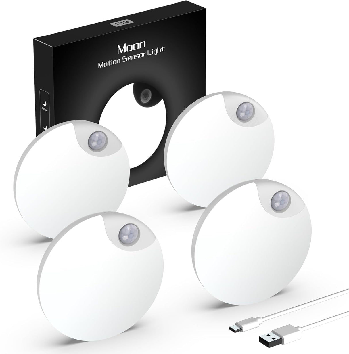 Motion Sensor Night Light, USB Rechargeable Human Body Induction Night Lights Stick-On Closet Light for Wall, Stairs, Hallway, Cabinet (4 Pack, White)