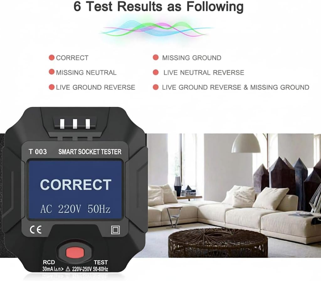 Electric Socket Tester, UK Plug Outlet Smart Socket Tester Digital Display LCD Socket Tester Circuit Polarity Detector Wall Plug Breaker Finder Leakage Test