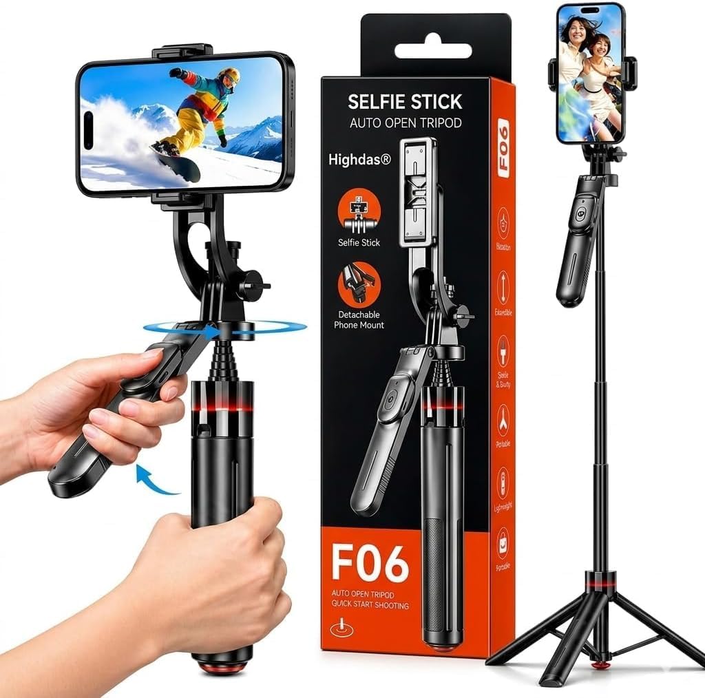 Auto Pop-Up Selfie Stick Tripod with Bluetooth Remote, 360° Rotatable Phone Holder, Extendable Foldable Stand for iPhone & Android Perfect for Travel, Vlogging & Live Streaming