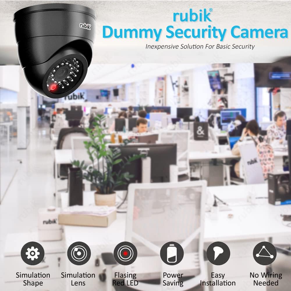 Rubik 4pc Dummy CCTV Camera with Flashing LED Light, Adjustable Fake Surveillance Camera Security Indoor Dome Camera with LED Light (Black)