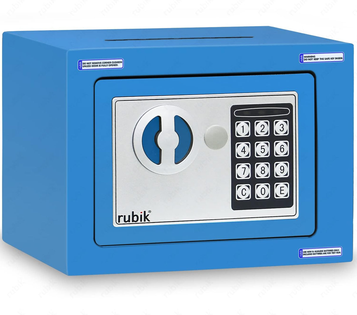 Rubik Mini Cash Deposit Drop Slot Safe Box with Key and Pin Code Option (Blue)