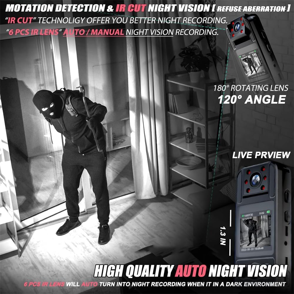 YARDHOBI HD 1080P Body Camera, 180° Lens + Night Vision + Audio