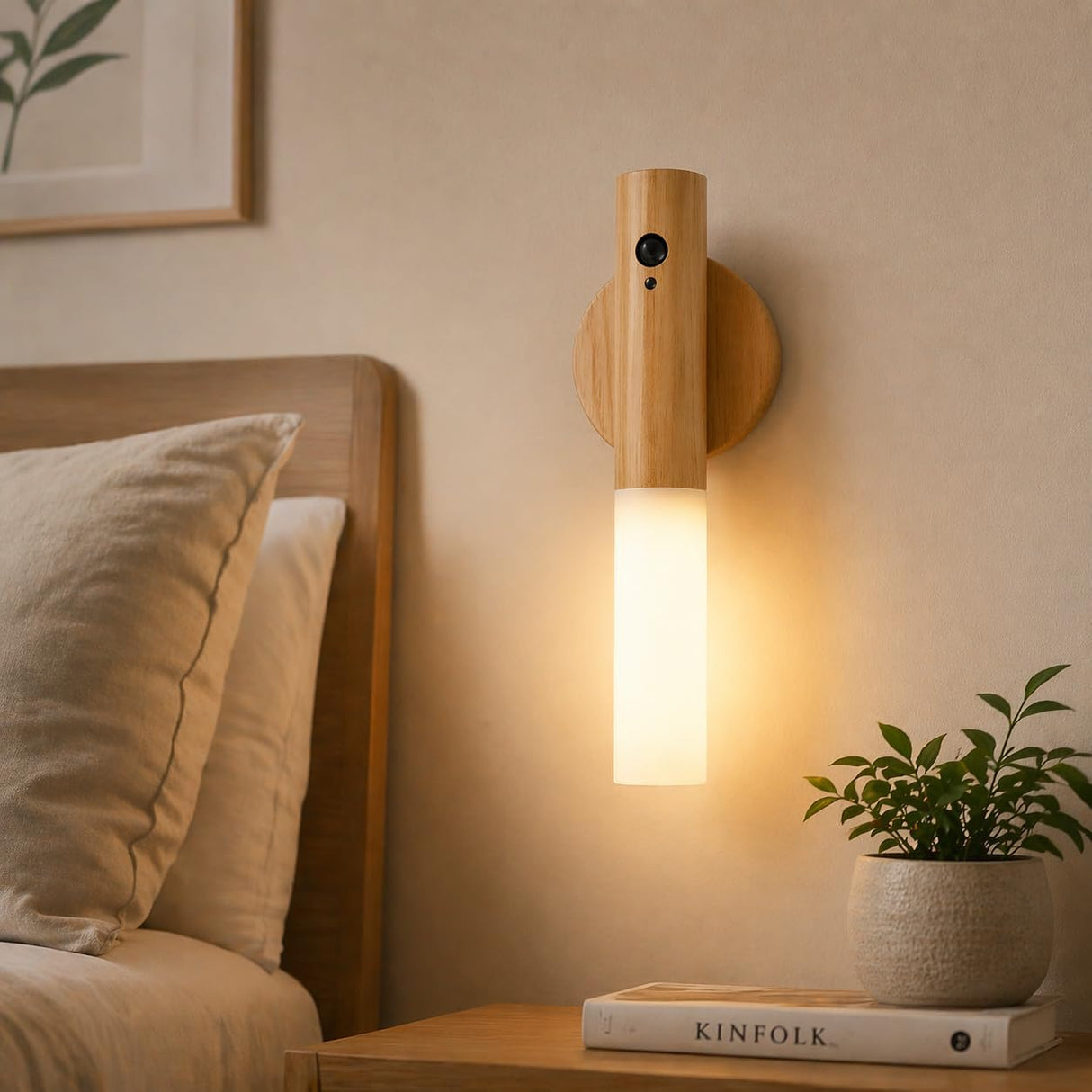 Motion Sensor Night Light, USB Rechargeable Smart LED Light with Human Body Sensor, Magnetic Stick-On Night Lamp for Bedroom, Hallway, Stairway, Wardrobe (Ash Wood)