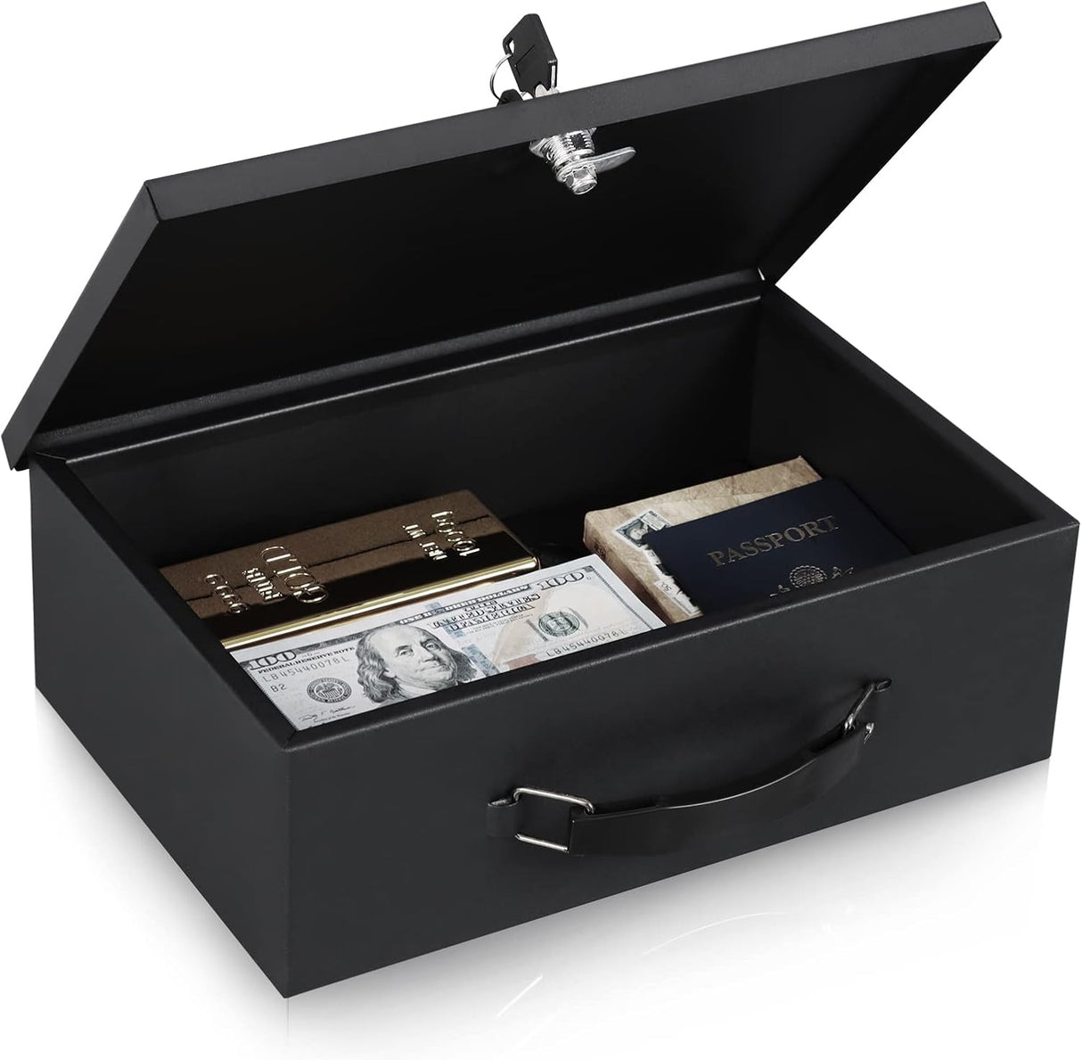 Fireproof Document Box with Key Lock, Safe Storage Box for Valuables, Fire Resistance Security Chest, Fireproof Box for Documents, Passport, Cash, Tablet, Exterior 12.8'' x 8.4'' x 4.5'' Black