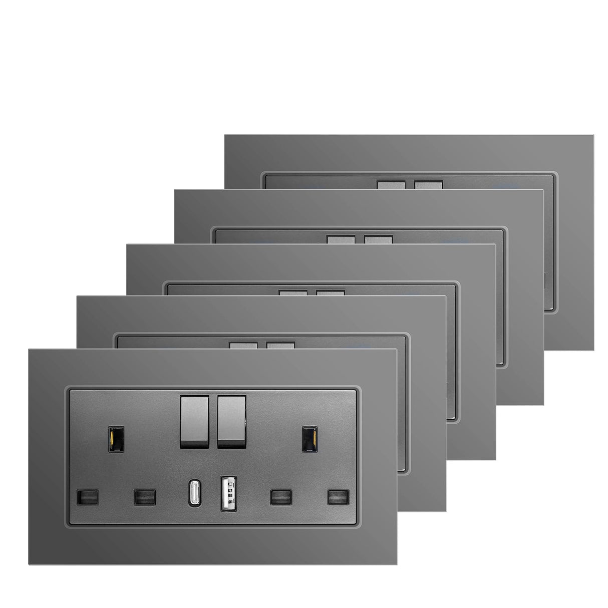 BSEED Double Switched Wall Socket 2 Gang Black with USB C & USB A Charging Ports, 13A Wall Electric Power Socket with Glass Panel