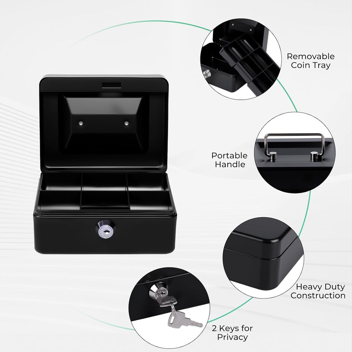 MaxEMA Metal Cash Box With Lock & Keys 15x12x8cm Steel Register With Tray Durable Portable Money Box Safe For Bills Jewelry Organizer Coins Phones Travel Lock Safe Box Piggy Locker (Black V.Small)