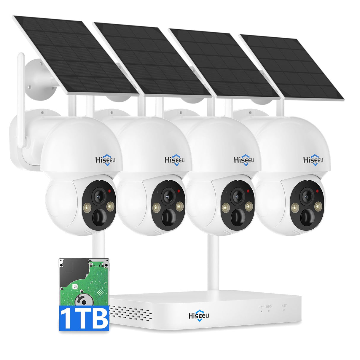 Hiseeu Solar Camera Outdoor, 4PCS 4MP Wireless Security Camera System with 10in LCD, 2-Way Audio, PT 360, Night Vision, Motion Detection, 10CH Expandable, 2.4G WiFi
