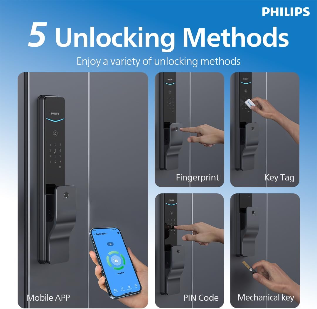Philips EasyKey DDL801-5HBS Push-Pull Smart Lock, Fingerprint + App