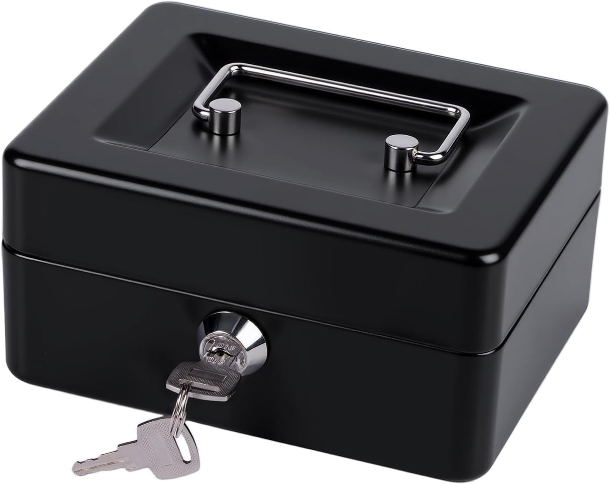 MaxEMA Metal Cash Box With Lock & Keys 15x12x8cm Steel Register With Tray Durable Portable Money Box Safe For Bills Jewelry Organizer Coins Phones Travel Lock Safe Box Piggy Locker (Black V.Small)