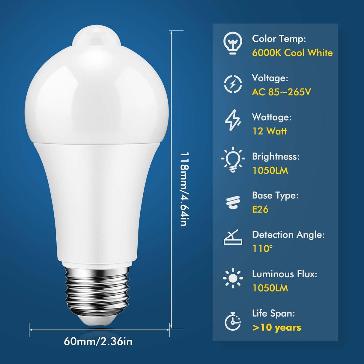 SYOSI Motion Sensor Light Bulbs, , 12W (100W Equivalent) PIR Motion Activated Dusk to Dawn Light Bulb, E26 6000K Cool White Security Bulb for Front Door Garage Hallway, 2 Pack