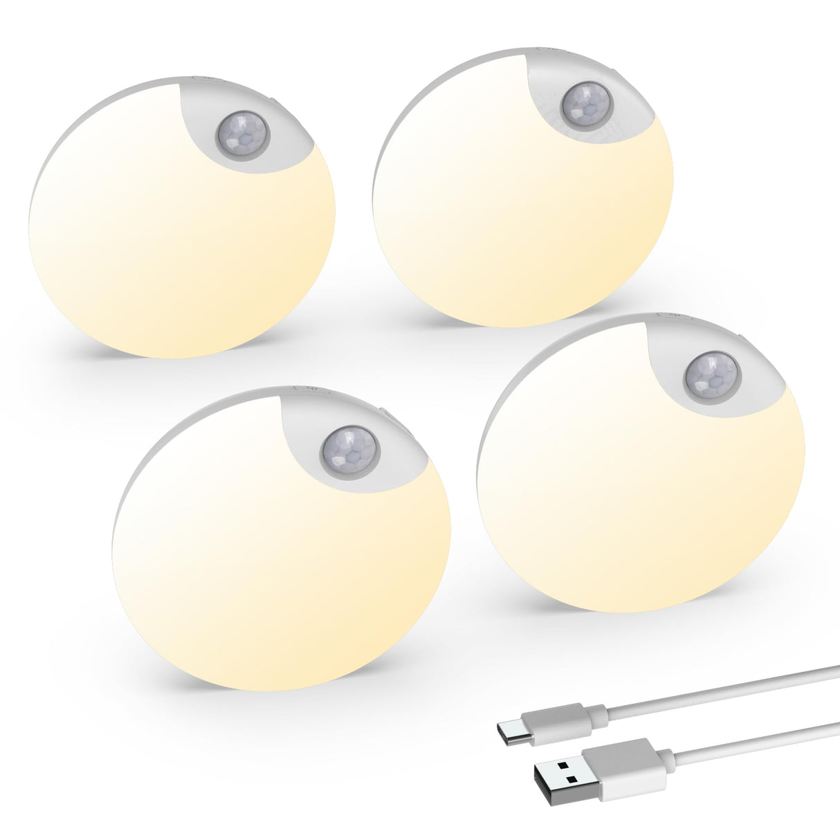 Motion Sensor Night Light, USB Rechargeable Human Body Induction Night Lights Stick-On Closet Light for Wall, Stairs, Hallway, Cabinet (4 Pack, White)