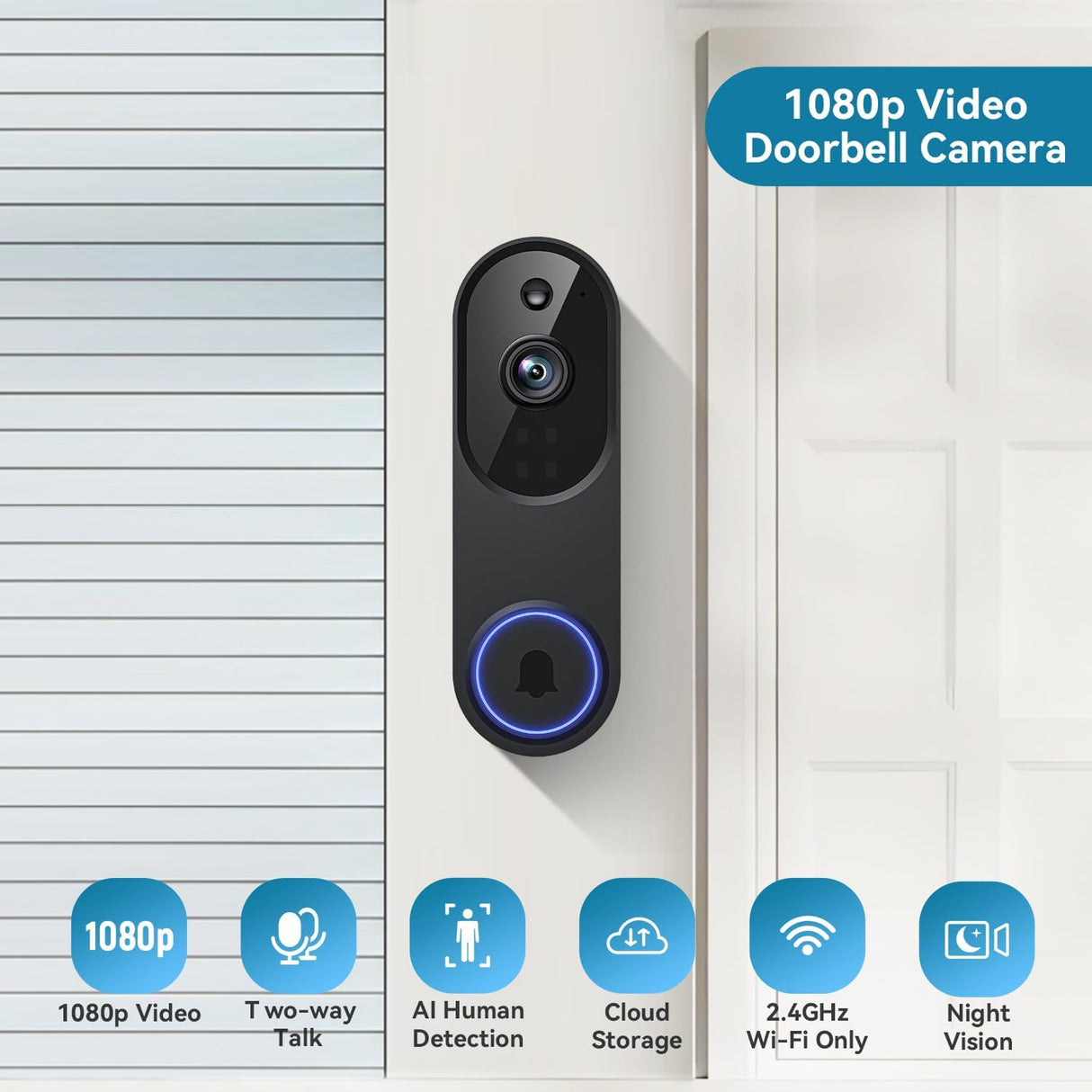 Guggre 1080P Video Doorbell Camera, Intelligent Human Detection, Cloud Storage, Chime Included, Live View, 2-Way Audio, IR Night Vision, Wide Angle Lens, Indoor/Outdoor