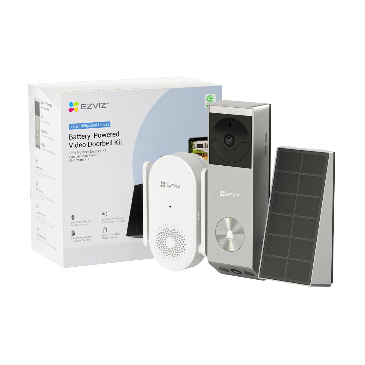 EZVIZ Video Doorbell with 2K & 1080p Double Camera, Wireless Doorbell with Solar Panel, Person Detection, Package Detection, Two-Way Audio and Colour Night Vision, 32GB eMMC Memory, EP3x Pro