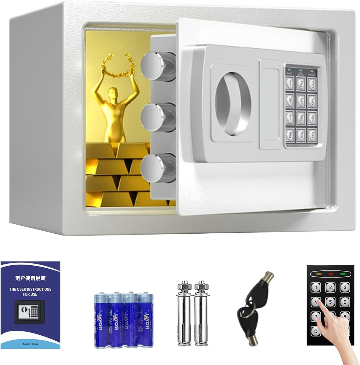 Small Home Safe,Digital Money Electronic Safe Box w/Pass Code Keypad & Keys for Hotel Office Buiness,Hidden Wall Security Safe Box for Valuable Cash Money Jewelry Documents (White, 8.5L)