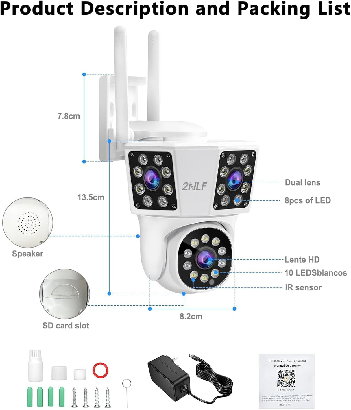 2NLF 4MP Outdoor WiFi Security Camera, 3-Lens, 360° Auto Tracking