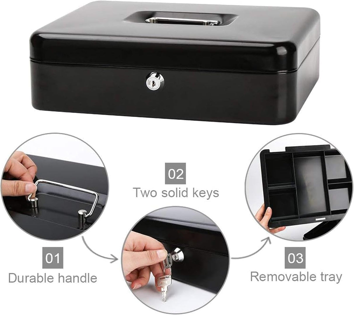 MaxEMA Metal Cash Box With Lock & Keys 15x12x8cm Steel Register With Tray Durable Portable Money Box Safe For Bills Jewelry Organizer Coins Phones Travel Lock Safe Box Piggy Locker (Black V.Small)