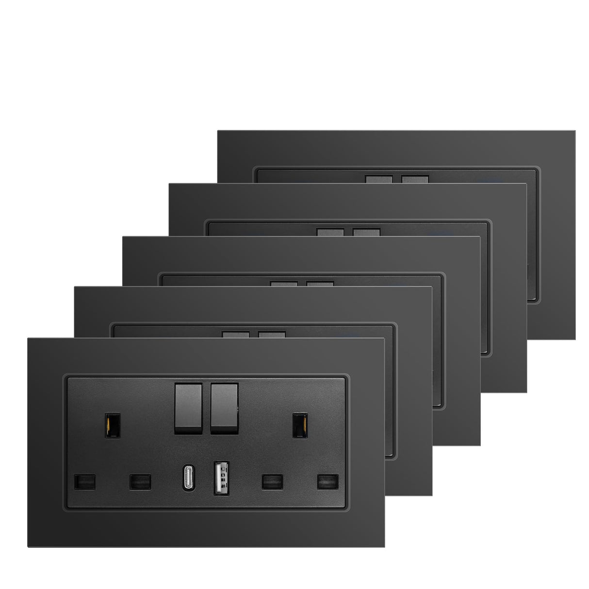 BSEED Double Switched Wall Socket 2 Gang Black with USB C & USB A Charging Ports, 13A Wall Electric Power Socket with Glass Panel