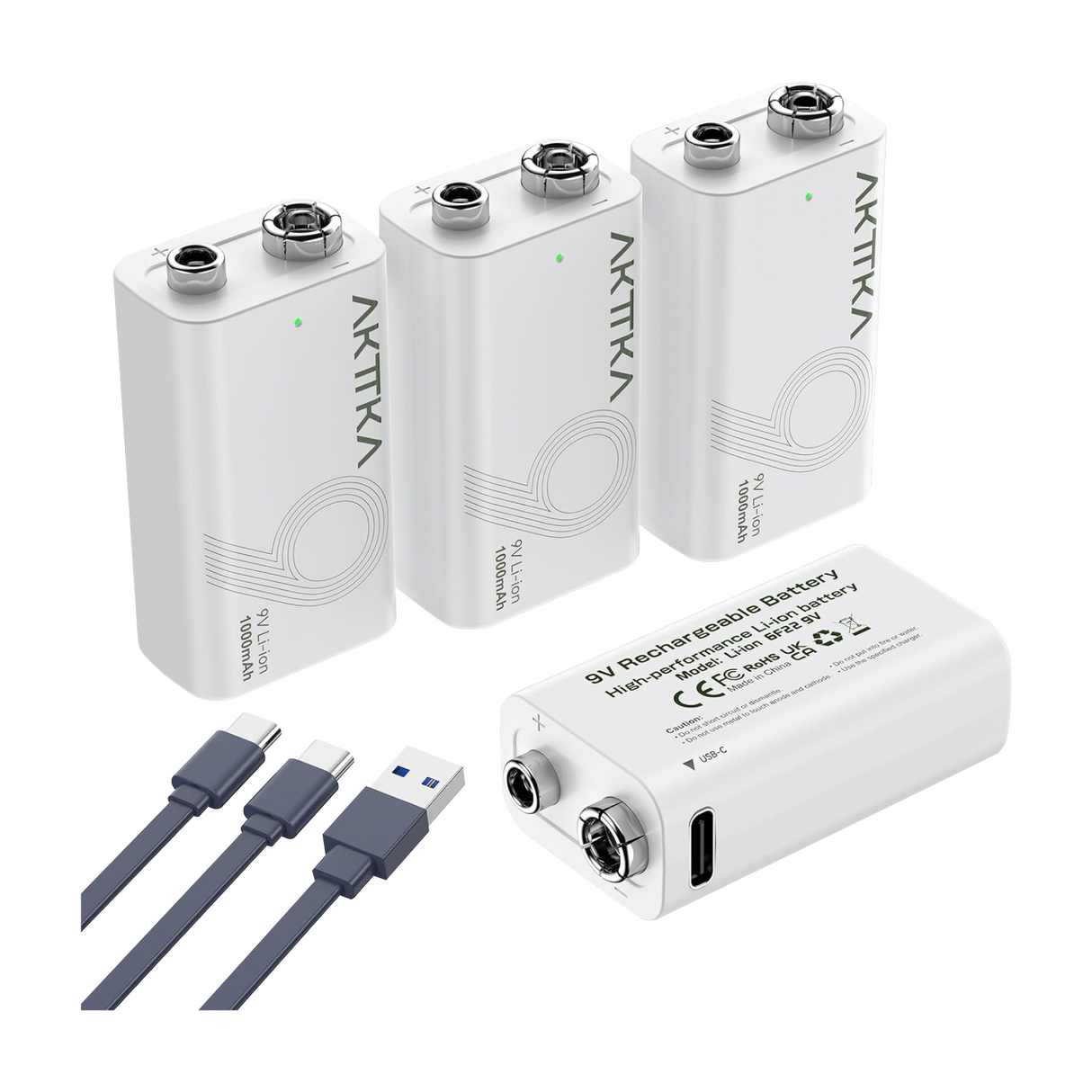 AKTTKA 9V Rechargeable Li-ion Batteries 1000mAh + USB-C (4-Pack)