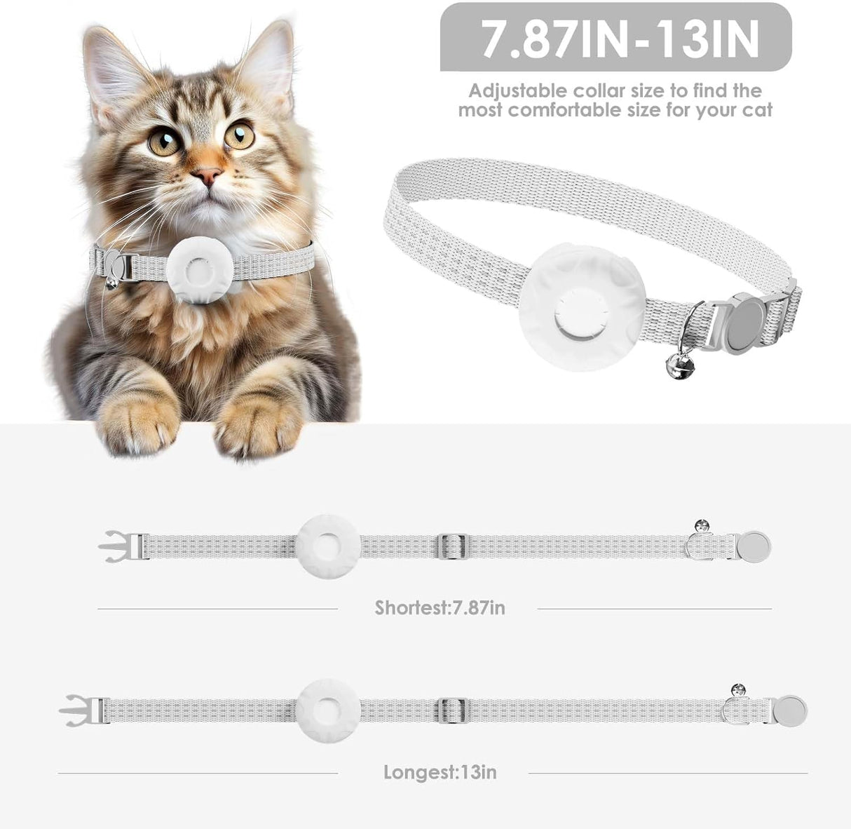 Cat Tracker, GPS Tracker Compatible with Apple Find My App(Only iOS), Waterproof Cat Tracker Collar with Bell and Safety Elastic Buckle, No Subscription, Up to 1-Year Battery (White)