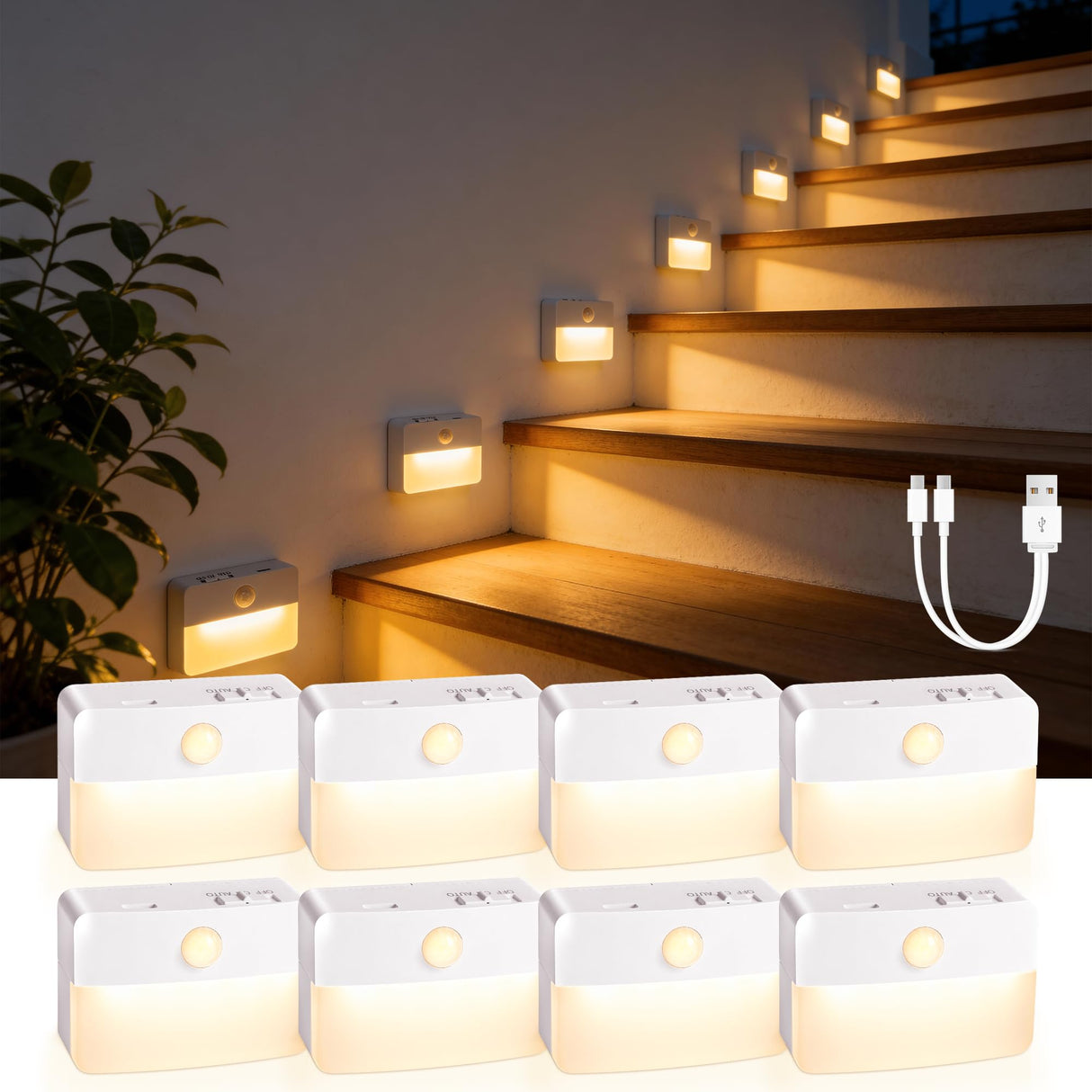 Guankai 8 Pack Motion Sensor Stair Light for Indoor, Battery Operated Closet Lights, Wireless Stick on Anywhere Hallway Lamp, Portable Led Night Lamps for Bedroom Under Cabinet Kitchen