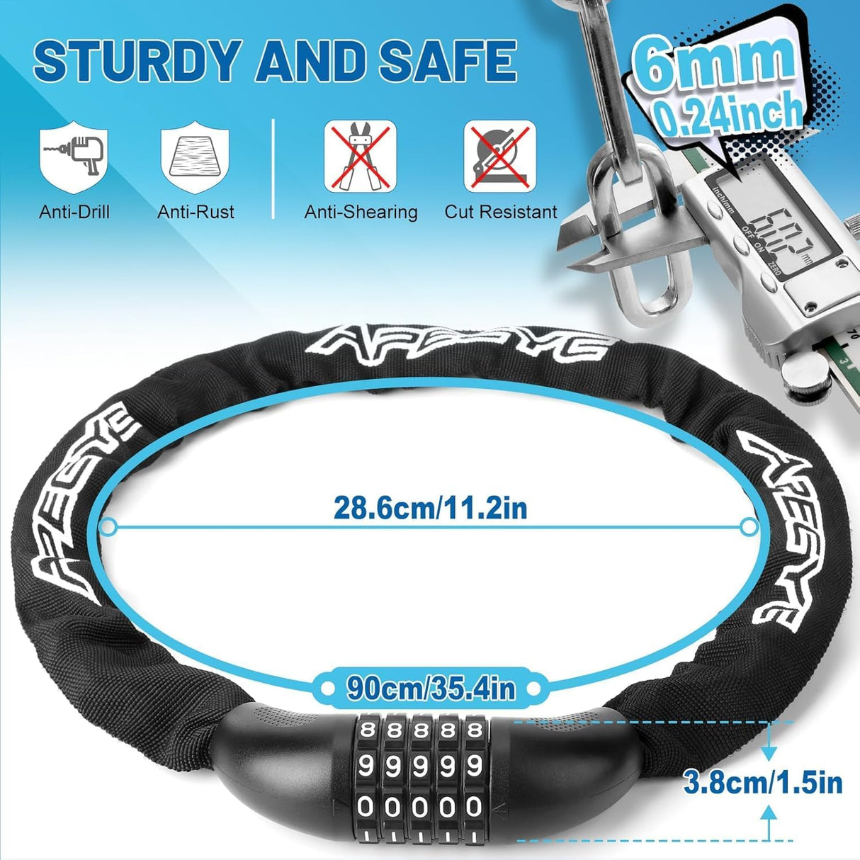 Bike Lock 5-Digit Combination Bike Lock 110CM Anti-Theft Bicycle Lock Resettable Bike Lock Chain for Bicycle, Motorcycle and More