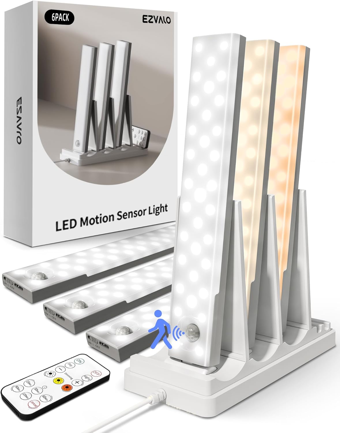 EZVALO 6-Pack Under Cabinet Lighting with Charging Station, Rechargeable Motion Sensor Lights, 3 Color Temps, Dimmable 62 LED Wireless Motion Activated Cabinet Lights with Remote for Kitchen,Pantry
