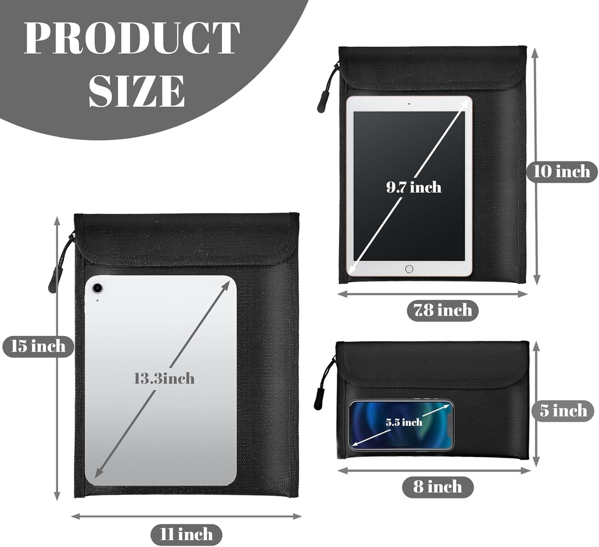 Fireproof Waterproof Document Bag 3-Pack Black 2000℉ Money Bag for Cash Passports ID Cards Social Security Card Protector Waterproof Zipper Pouch Fire Proof Bank Bag Document Holder