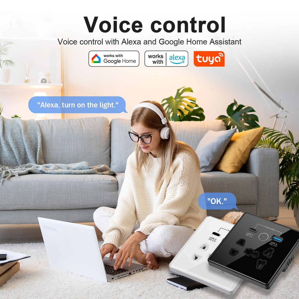 Universal Smart Wall Outlet, WiFi Smart Touch Wall Socket,Wall Outlet with USB+TypC Interface,Tuya APP Remote Control,Compatible Alexa and Google Home,No Hub Required,2.4G WiFi,13A (Black)