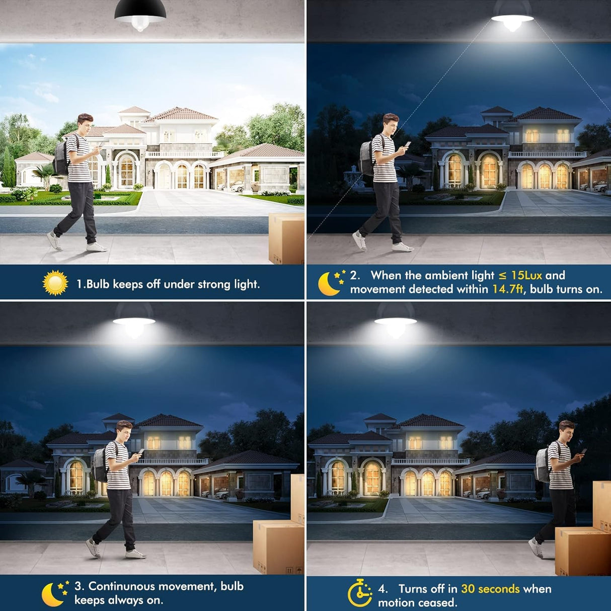 SYOSI Motion Sensor Light Bulbs, , 12W (100W Equivalent) PIR Motion Activated Dusk to Dawn Light Bulb, E26 6000K Cool White Security Bulb for Front Door Garage Hallway, 2 Pack