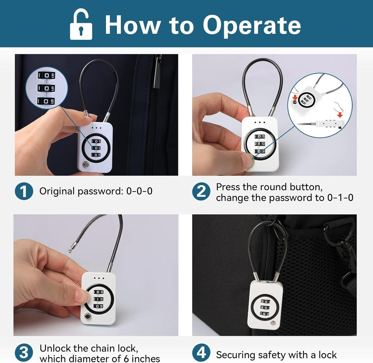 NALACAL 2-Pack Combination Cable Lock with 3-Digit Code, Black/White