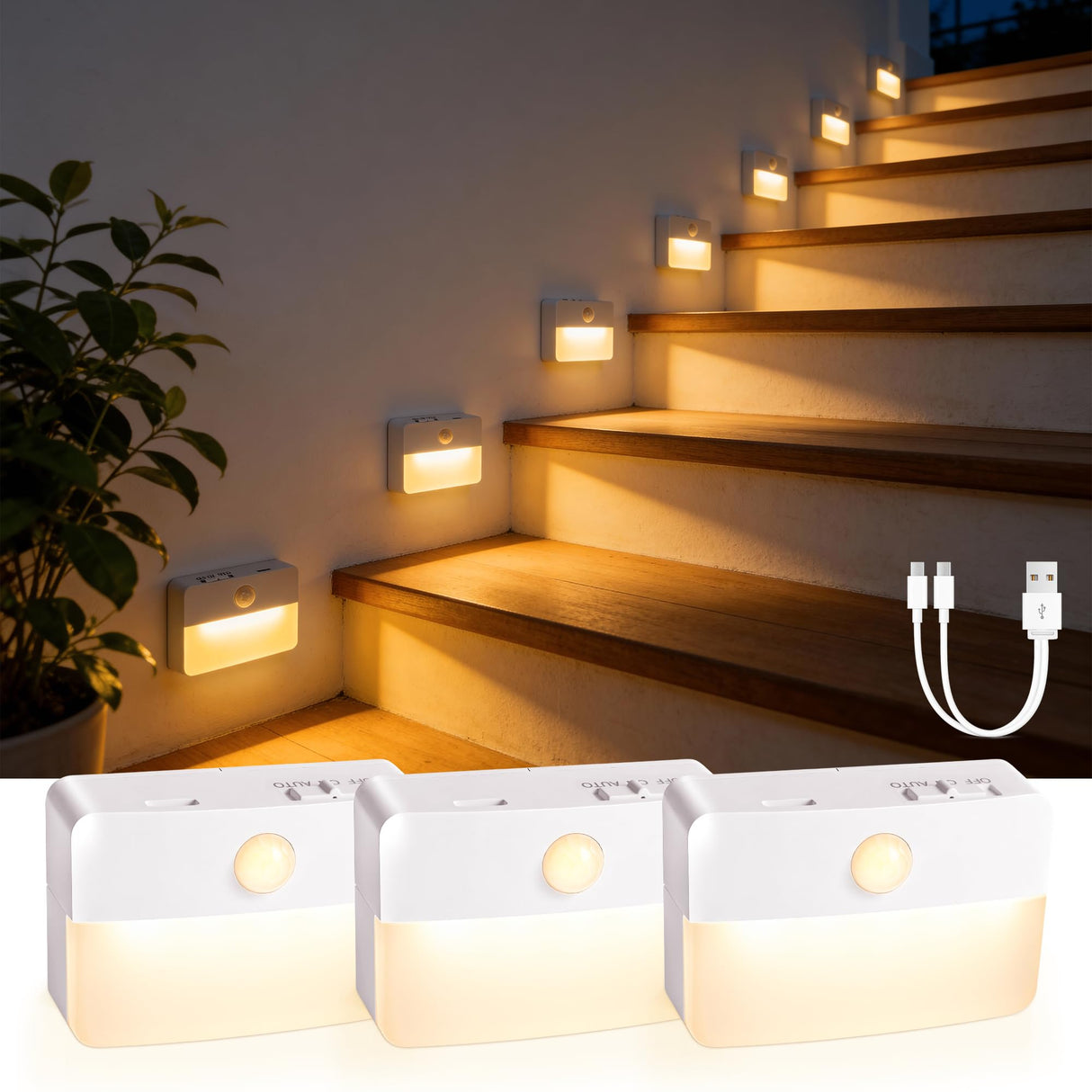 Guankai 8 Pack Motion Sensor Stair Light for Indoor, Battery Operated Closet Lights, Wireless Stick on Anywhere Hallway Lamp, Portable Led Night Lamps for Bedroom Under Cabinet Kitchen