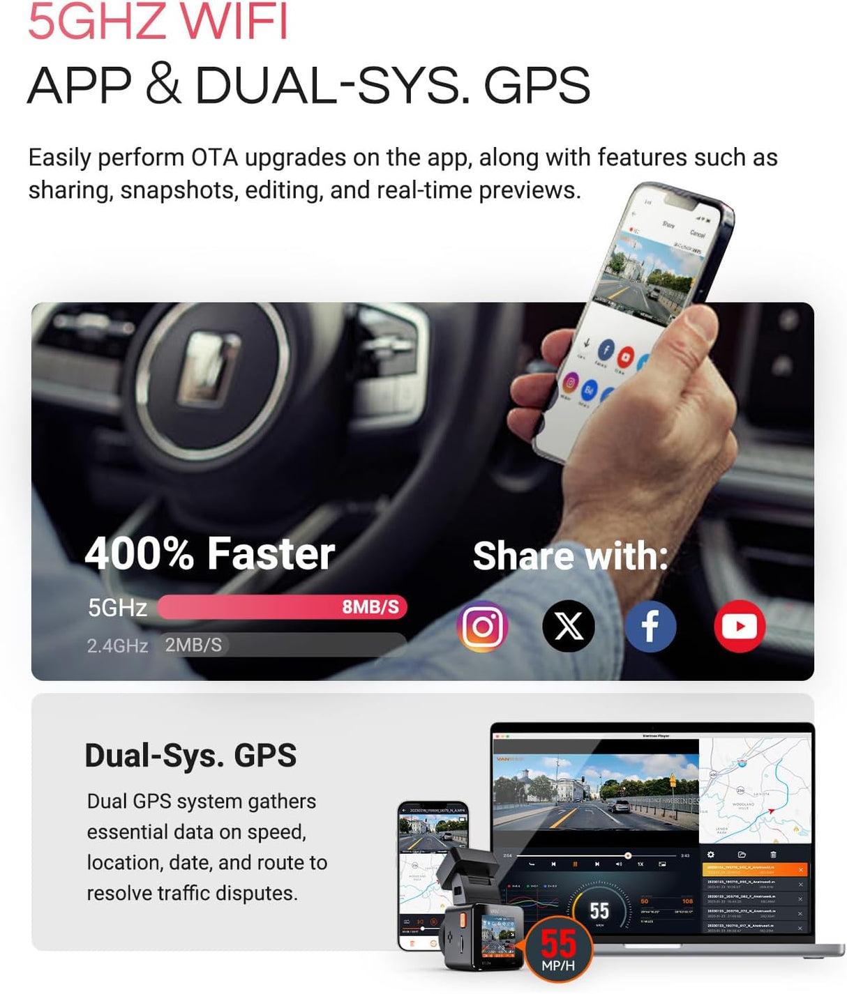 Vantrue E1 Pro 4K Mini Dash Cam Front, STARVIS 2 PlatePix™ HDR Night Vision Car Camera, Built-in 5G WiFi GPS, 1.54'' IPS Screen, LTE Support, Voice Control, 24/7 Buffered Parking Mode, Support 1TB Max