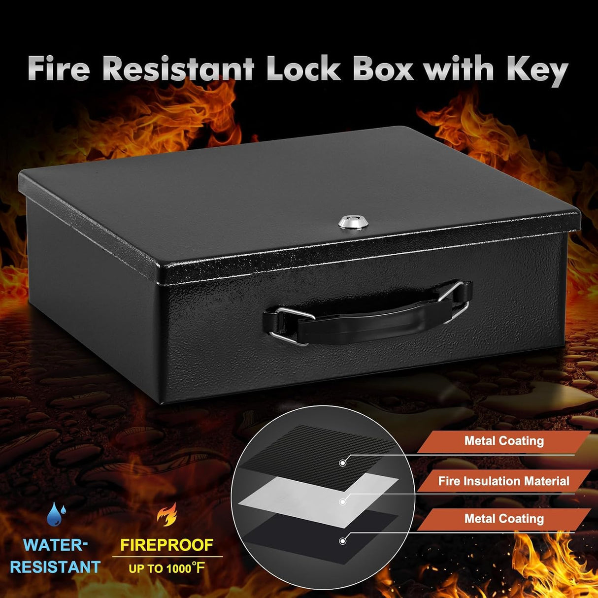Fireproof Document Box with Key Lock, Safe Storage Box for Valuables, Fire Resistance Security Chest, Fireproof Box for Documents, Passport, Cash, Tablet, Exterior 12.8'' x 8.4'' x 4.5'' Black
