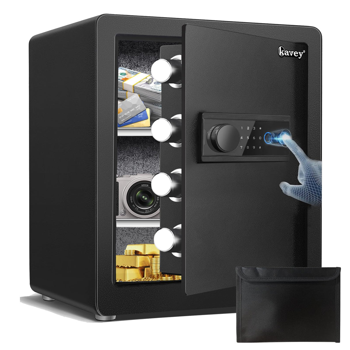kavey 2.0 Cub Biometric Safe Box, Home Safe with LCD Keypad & 2 Adjustable Shelves, Fingerprint Money Safe with Dual Alram & Mute Alarm, Large Security Cabinet Safe for Vaulables (White)