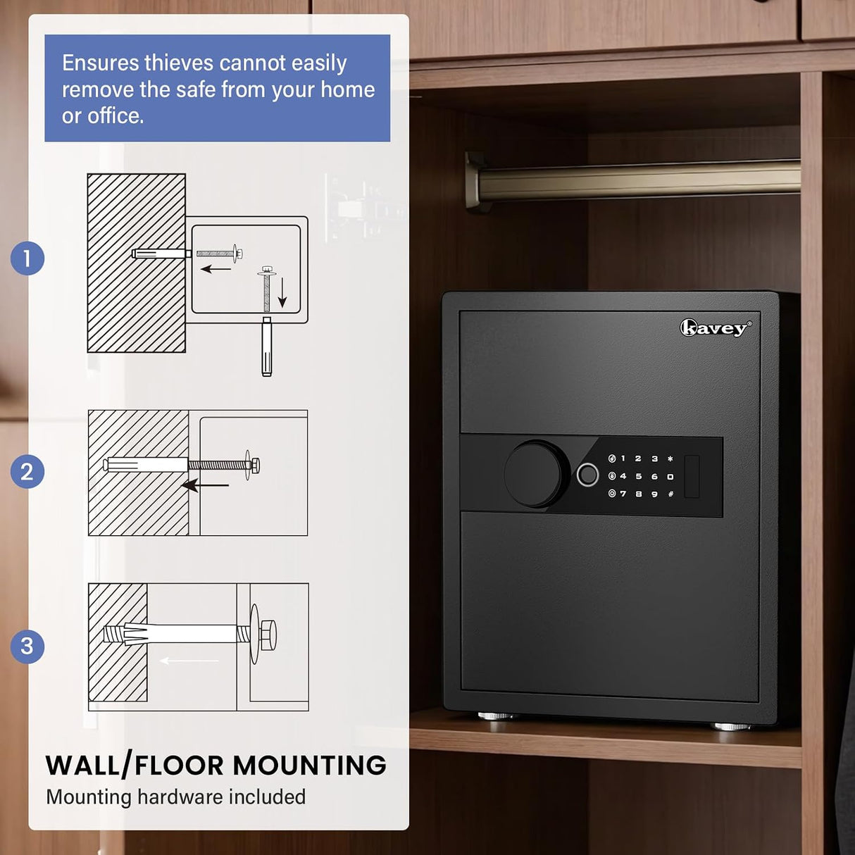 kavey 2.0 Cub Biometric Safe Box, Home Safe with LCD Keypad & Hidden Knob, Large Fingerprint Safe with 2 Adjustables & Metal Storage Box, Money Box with Dual Alarm & Mute Mode for Home (Black)
