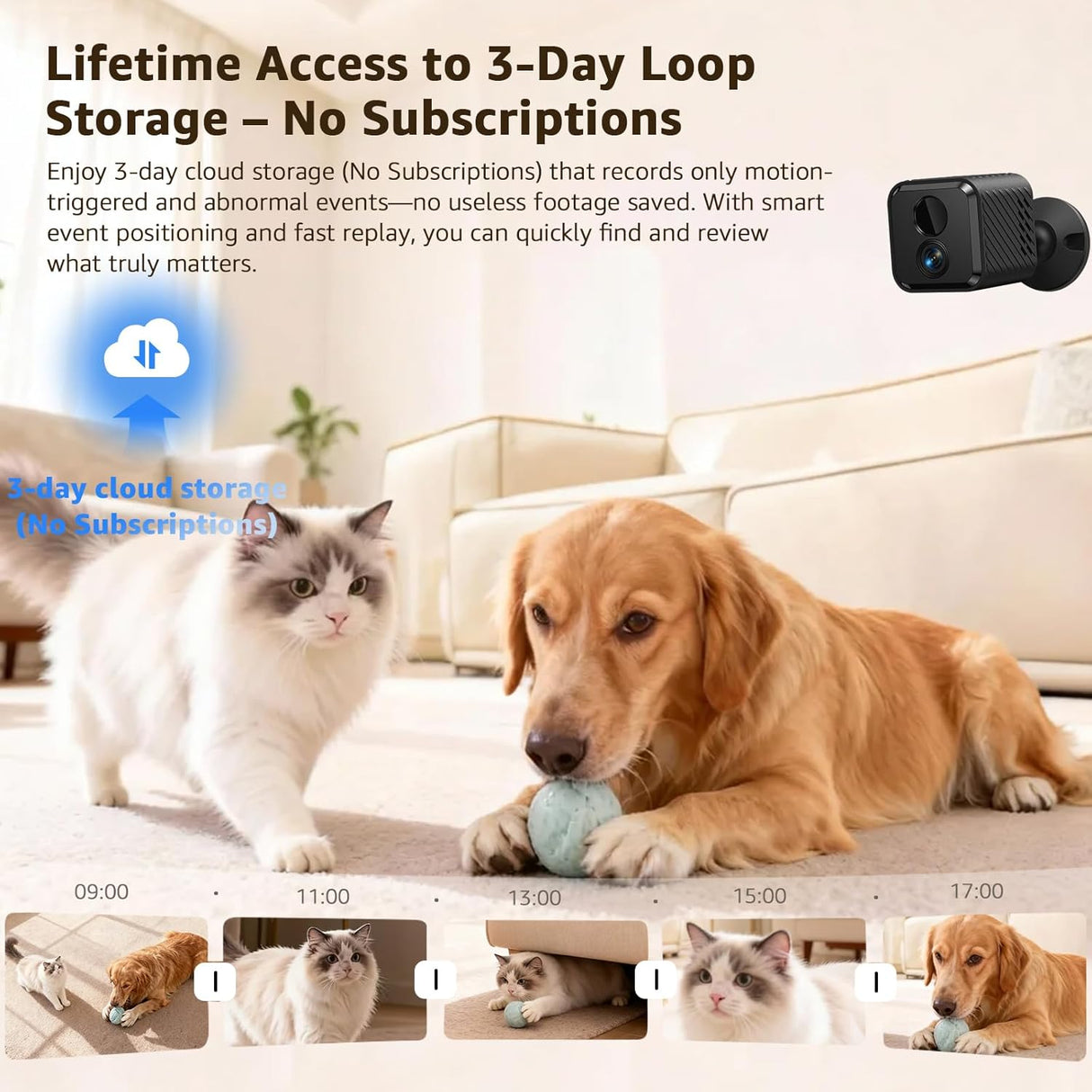 Mini Camera 4K Indoor Security Camera with 3-Day Cloud Storage, App Control & Remote Access, AI Motion Detection, Night Vision, 60-Day Battery, Smart Standby, Compact Design for Home Monitoring