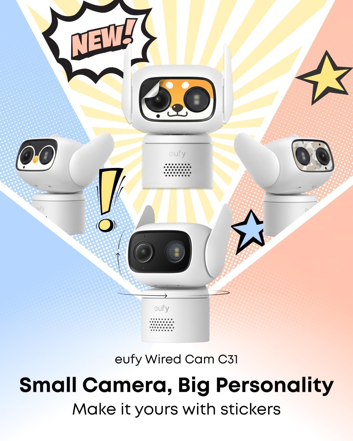 eufy Wired Cam C31,360° Pan/Tilt,Outdoor Camera,Indoor Cameras House Security,Dual Antenna,Colour Night Vision,Subscription-Free On-Device Storage,AI People/Vehicle/Pet/Crying Detection,24/7 Recording