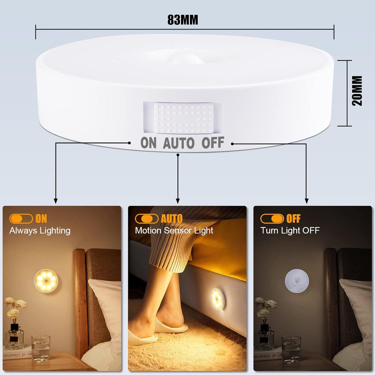 8 LEDs Rechargeable Motion Sensor Light, Cordless LED Night Light with USB Cables and Magnetic Patch, Wireless Wall Lamp for Stair