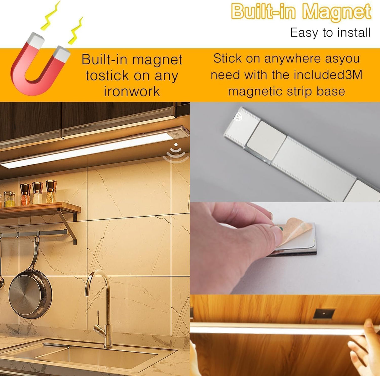 Under Cabinet Light, Necomi 2 Pack 3 Colors Motion Sensor Light 2500mAh Rechargeable Wireless Closet light,Dimmable Night Lights for Bedroom,Closet,Kitchen,Hallway, Cupboard Light,40CM