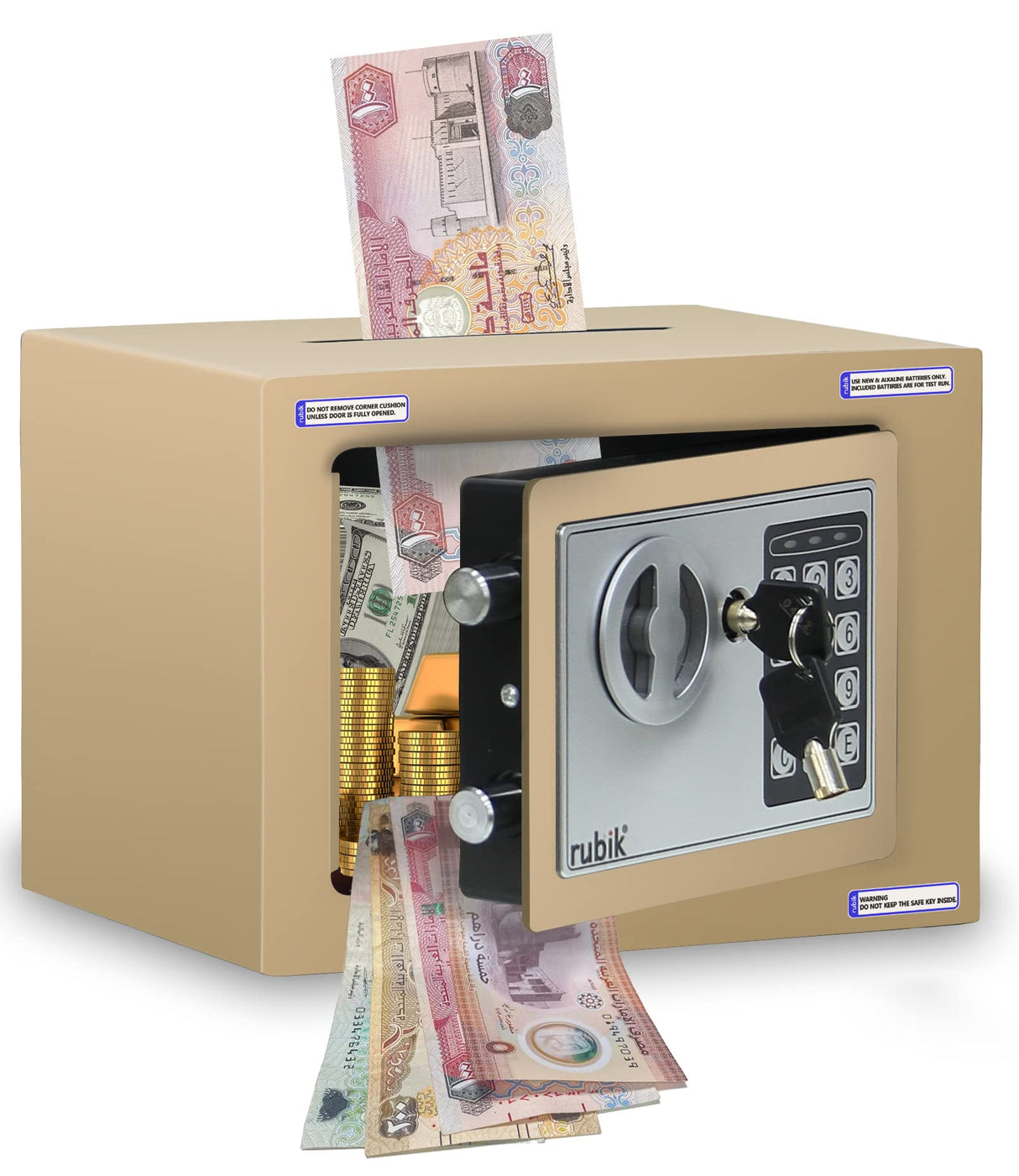 Rubik Mini Cash Deposit Drop Slot Safe Box with Key and Pin Code Option (Blue)