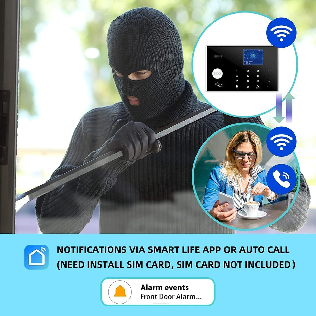 WiFi and GSM Home Security Alarm System, Door/Window Sensor (x10) Motion Detector (x1) with Smart Life and Tuya App Alert, Works with Google Assistant and Alexa