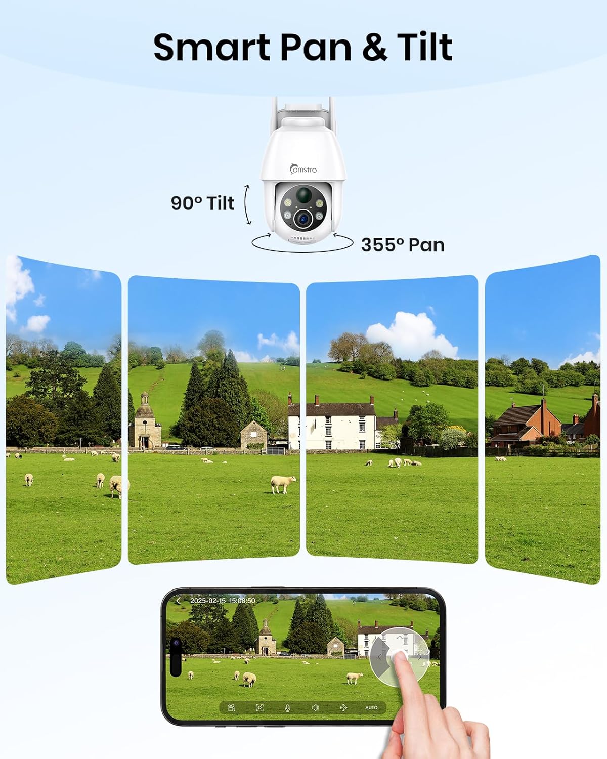 CAMSTRO 2K Solar Outdoor Security Camera, PTZ, AI, Alexa/Google