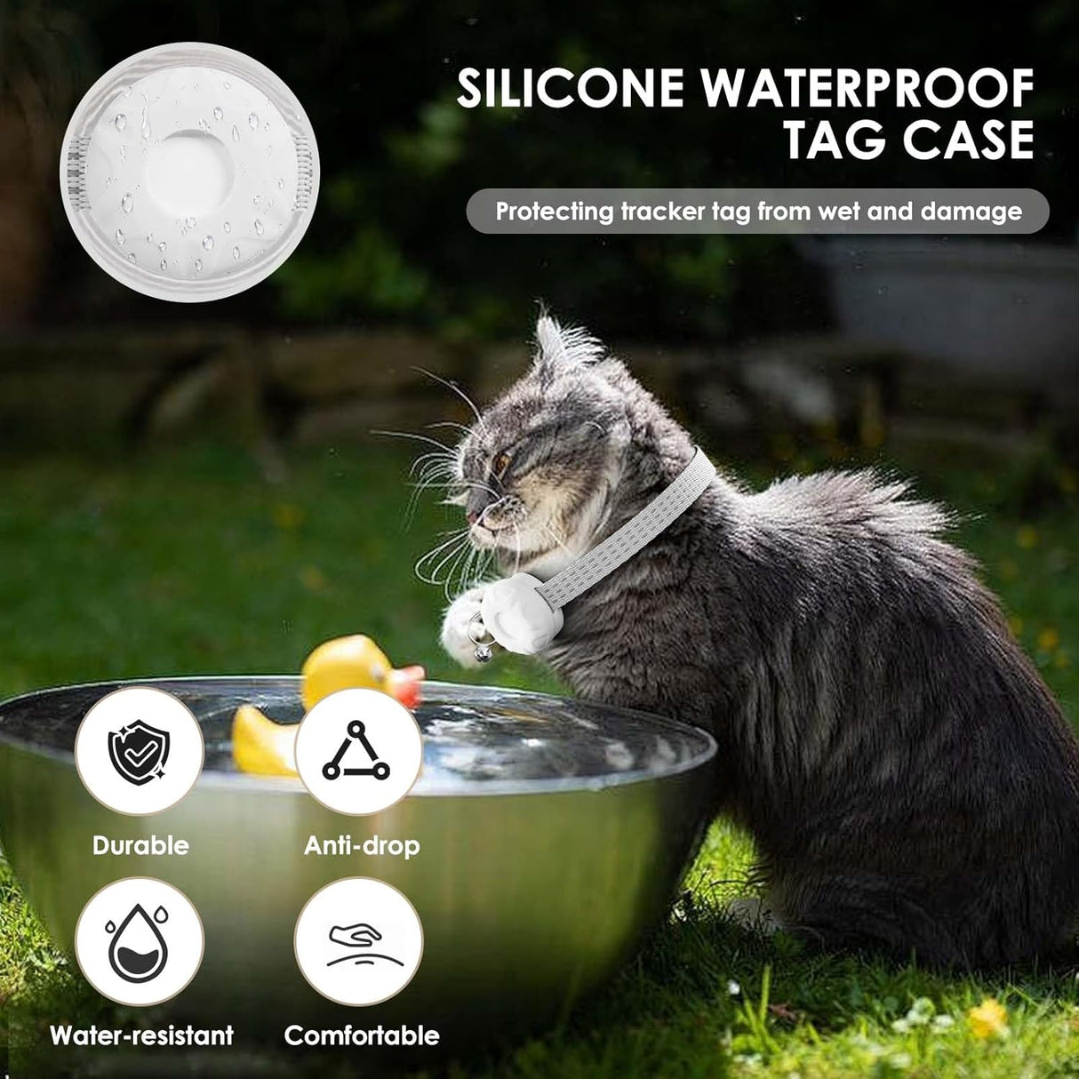 Cat Tracker, GPS Tracker Compatible with Apple Find My App(Only iOS), Waterproof Cat Tracker Collar with Bell and Safety Elastic Buckle, No Subscription, Up to 1-Year Battery (White)