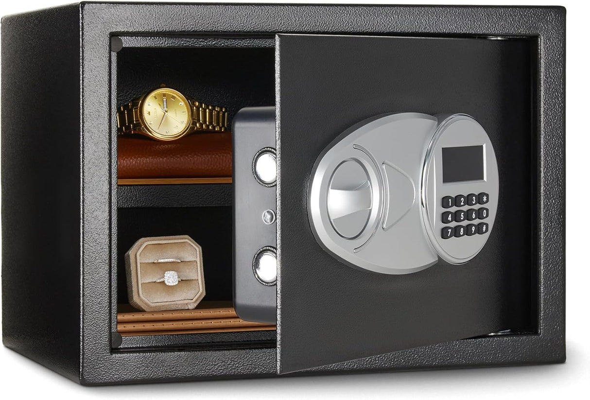 Amazon Basics Steel Security Safe with Digital Keypad - Secure Money, Cash, Jewelry, ID Documents, 14 Litres, 35 cm W x 35 cm D x 25 cm H, Black